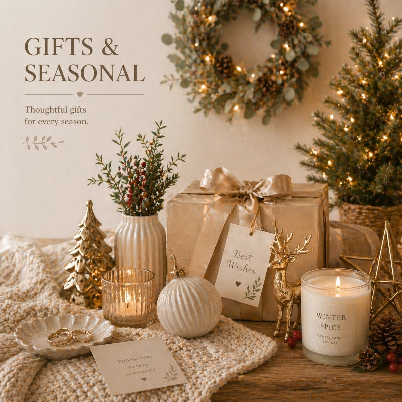 Gifts & Seasonal collection banner by The All Sundry – curated presents including personalized ornaments, mini succulent favors, hostess gift sets, and seasonal decor with wreaths and fairy lights. Thoughtful giving for every occasion.