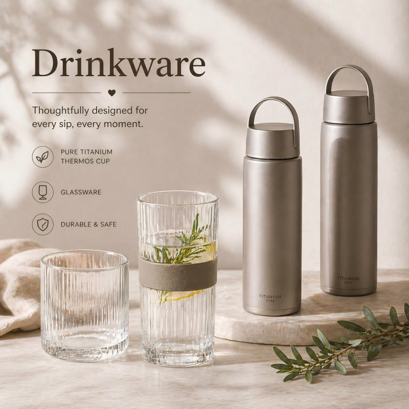 The All Sundry Glassware collection — colored drinkware, textured tumblers and lead‑free glass tableware styled in a modern table setting
