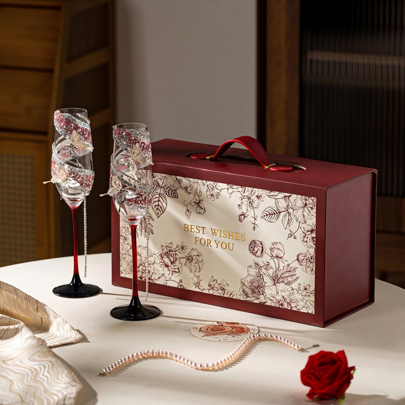 Luxury diamond-encrusted champagne flute set 2pcs with high-end gift box, wedding toasting glasses
