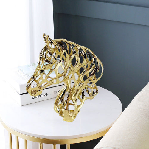 Luxury gold hollow-out horse head metal sculpture, modern art decor for home and hotel