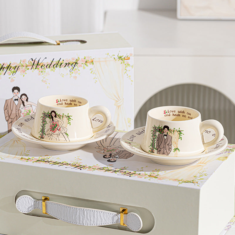 French romantic ceramic cup saucer set with "Love hath no end" lettering