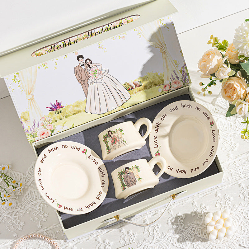 Wedding gift ceramic set with couple illustrations and floral gift box