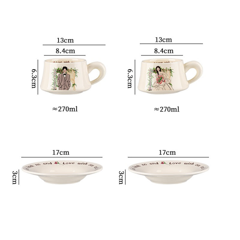 Measurement chart of a ceramic cup and bowl set with dimensions and capacity details.