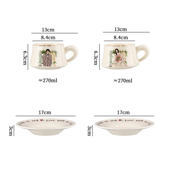 Measurement chart of a ceramic cup and bowl set with dimensions and capacity details.