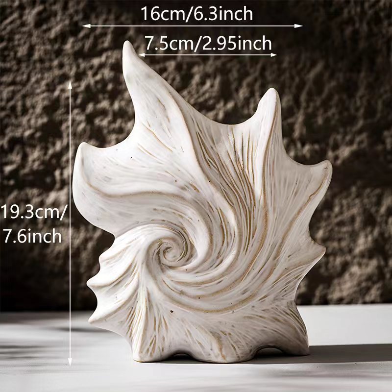 Modern white shell-shaped ceramic vase with sculptural spiral texture for coastal home decor with size