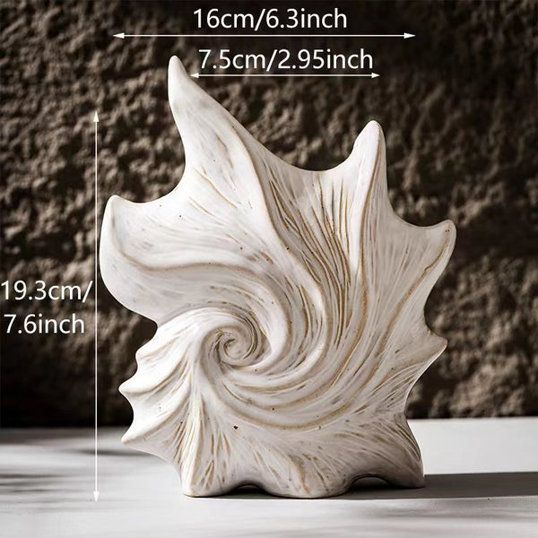Modern white shell-shaped ceramic vase with sculptural spiral texture for coastal home decor with size