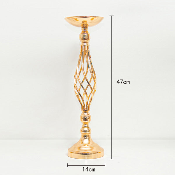 Gold candle holder with dimensions on a white background