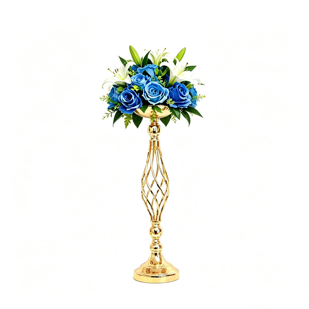 Gold candle holder with blue flowers on a white background