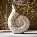 Decorative shell-shaped vase with measurements on a textured background