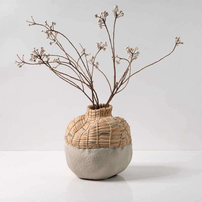 Wabi-Sabi resin decorative vase with woven texture and dried branches
