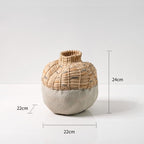Woven basket and ceramic vase with dimensions on a light gray background