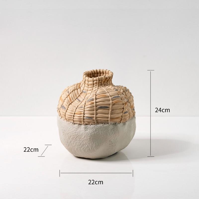 Woven basket and ceramic vase with dimensions on a light gray background