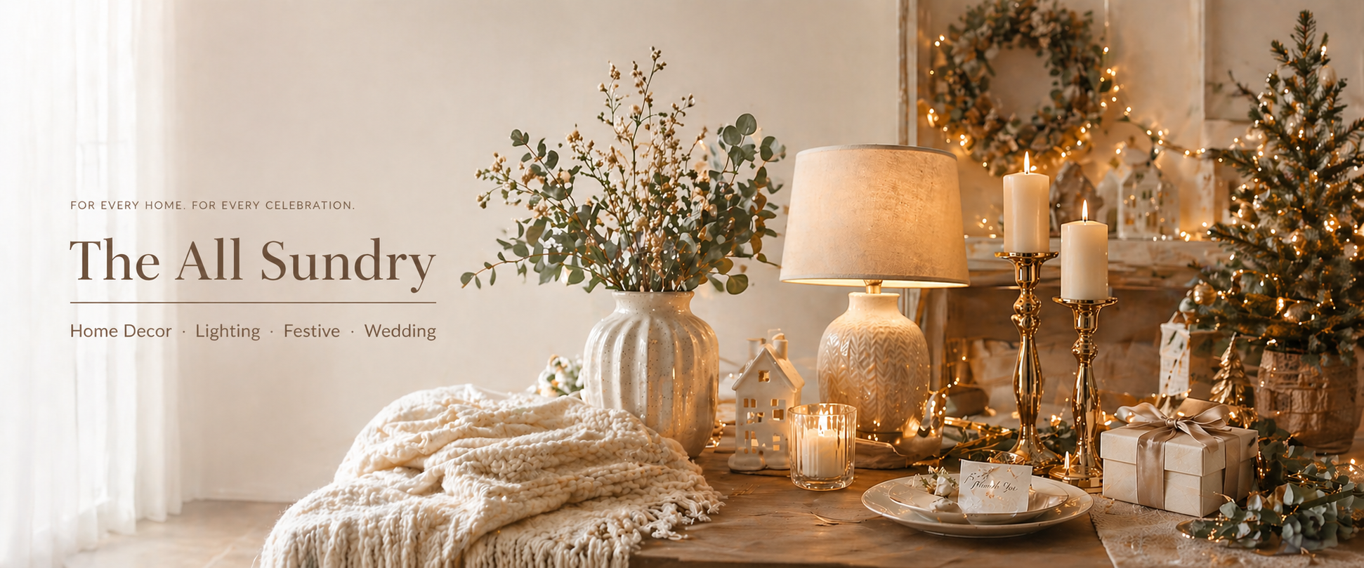 The All Sundry homepage hero image: Home Goods, Lighting, Holiday Products, and Wedding & Event Supplies—displayed within a warm Scandinavian-style interior featuring soft blankets, glowing string lights, a seasonal wreath, and elegant candle holders. Bathed in natural daylight, with ample copy space on the left.